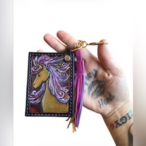 Artisan Handmade Western Southwest Leather Card Holder Unicorn Keychain Wallet